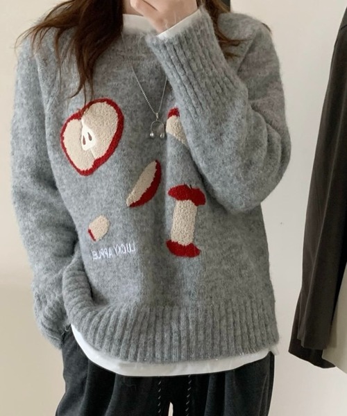 SHOUYO ニット セーター りんごモチーフふわもこニット／オフホワイト