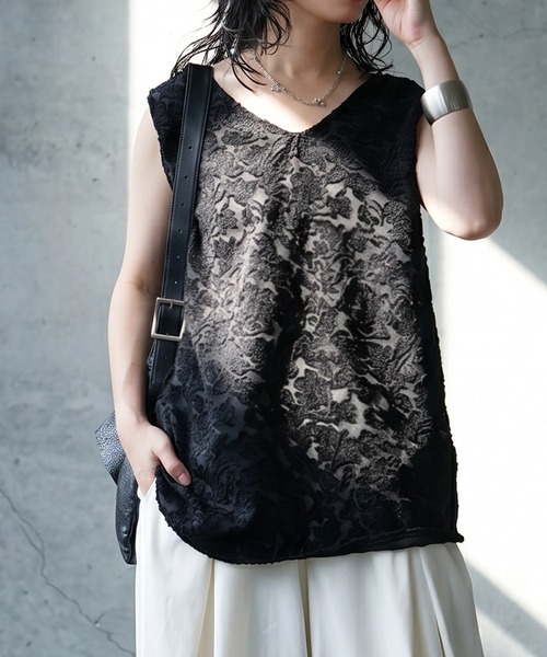 ANTIPAST レース柄 タンクトップ antiqua（アンティカ） タンクトップ ノースリーブ 異素材 花柄