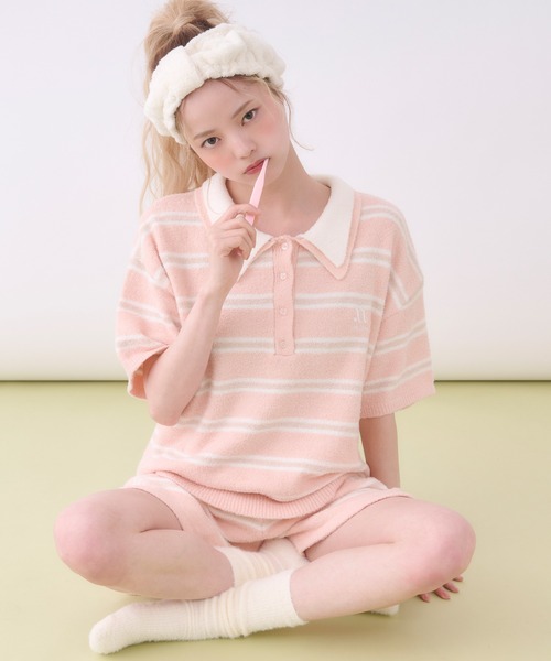 ルームウェア 部屋着 「SET ITEM」border knit polo set up / ボーダー