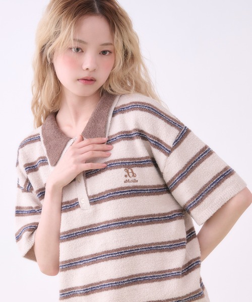 ルームウェア 部屋着 「SET ITEM」border knit polo set up / ボーダー