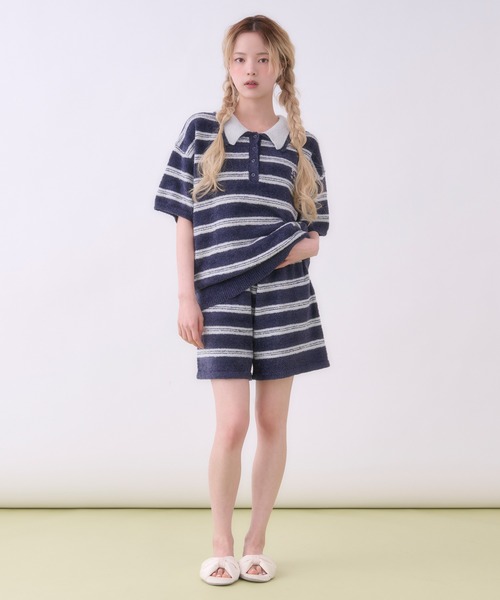 ルームウェア 部屋着 「SET ITEM」border knit polo set up / ボーダー