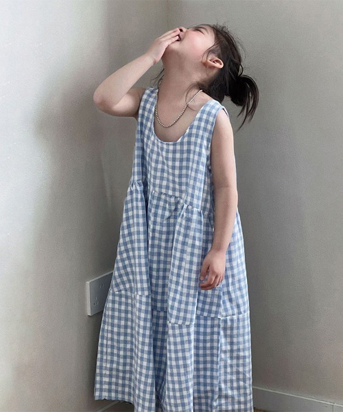 ワンピース チェック柄切り替えギャザーノースリーブワンピース キッズ