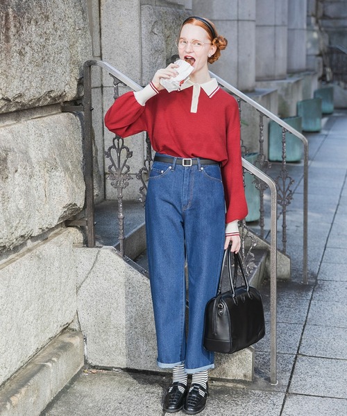 BONLECILL パンツ デニム ジーンズ エンブレム刺繍ハイウエスト