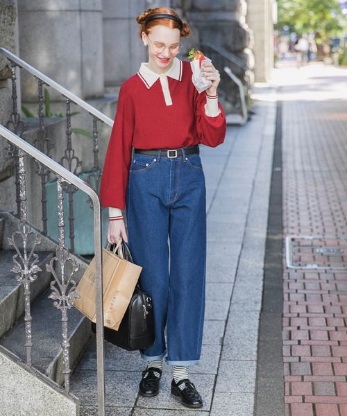 BONLECILL パンツ デニム ジーンズ エンブレム刺繍ハイウエスト