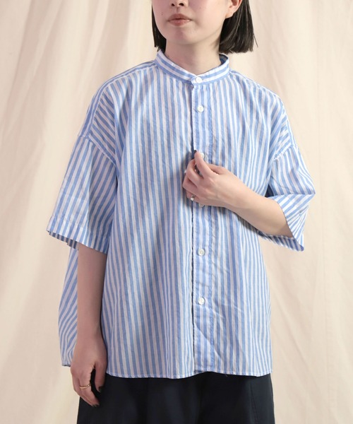 美品♡ プリット コットンリネン　スタンドカラー　シャツ　ブラウス　羽織り prit ブラウス シャツ 「prit」 コットンリネンバレストライプ 5