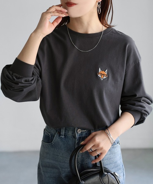 Riberry tシャツ めがねキツネ胸刺繍ロンT レディース