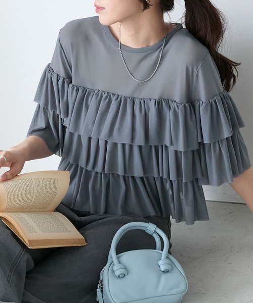 BONLECILL シャツ ブラウス シアーフリルティアードブラウス