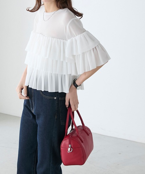 BONLECILL シャツ ブラウス シアーフリルティアードブラウス