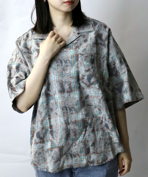 STARTEXCEEDEND テクスチャーシャツ 半袖 ロゴ オーバーサイズ Starting Over シャツ hard wash open collar check shirt