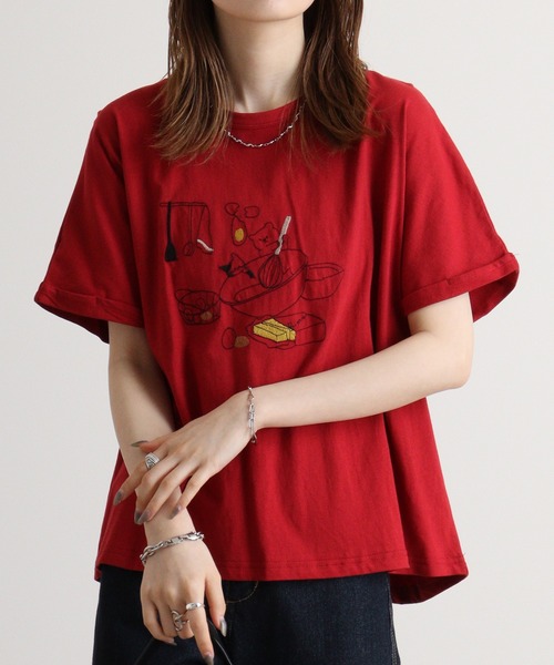 tシャツ EMAGO クマのクッキング刺繍ドルマン半袖Tシャツ レディース Emago tシャツ EMAGO クマのクッキング刺繍ドルマン半袖Tシャツ