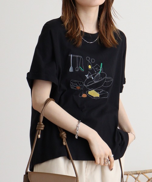 tシャツ EMAGO クマのクッキング刺繍ドルマン半袖Tシャツ レディース