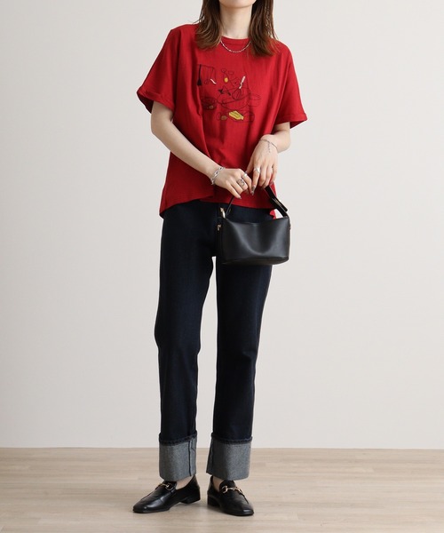 tシャツ EMAGO クマのクッキング刺繍ドルマン半袖Tシャツ レディース Emago tシャツ EMAGO クマのクッキング刺繍ドルマン半袖Tシャツ