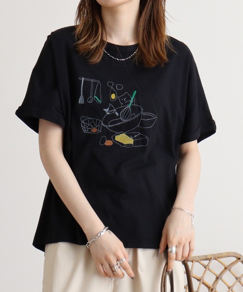 tシャツ EMAGO クマのクッキング刺繍ドルマン半袖Tシャツ レディース Emago tシャツ EMAGO クマのクッキング刺繍ドルマン半袖Tシャツ