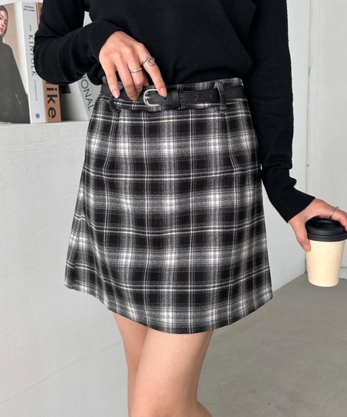 CLEA スカート ベルト付きチェック柄台形ミニスカート