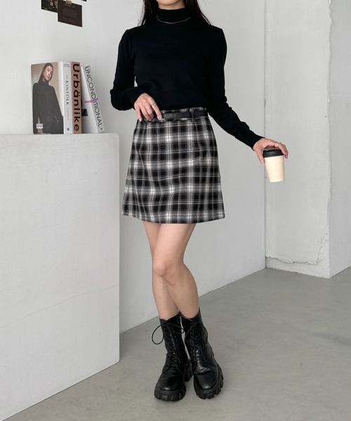CLEA スカート ベルト付きチェック柄台形ミニスカート
