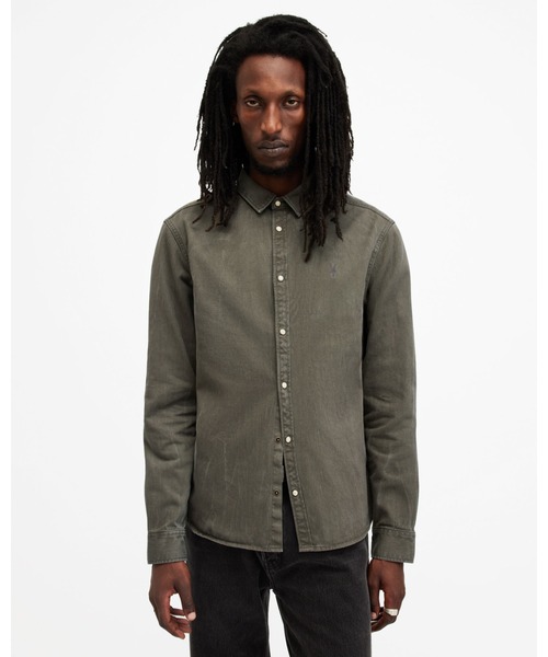 26SS プリンテッド ラムレザーシャツ 52 ALLSAINTS（オールセインツ） シャツ STAVELEY RAMSKULL EMBROIDERED