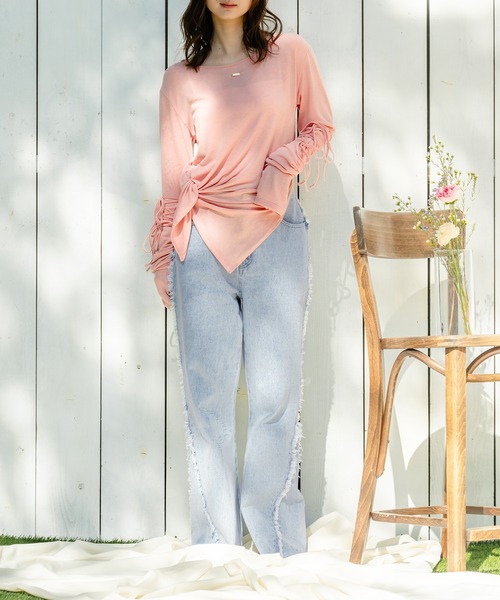 tシャツ SLIT RIBBON TOPS/スリットリボントップス レディース mideal tシャツ ribbon long sleeve slit tops / リボンロング