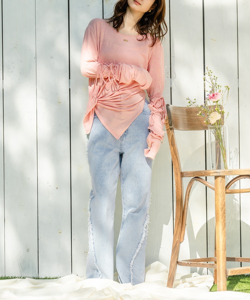 tシャツ SLIT RIBBON TOPS/スリットリボントップス レディース mideal tシャツ ribbon long sleeve slit tops / リボンロング