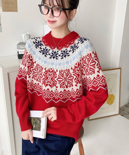 moment+ ニット セーター スノーノルディック柄求心Wジャガード moment+ ニット セーター スノーノルディック柄求心Wジャガード