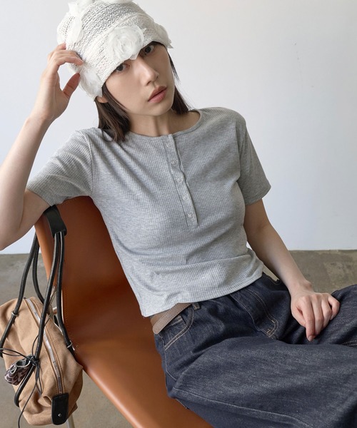 【新品】L ディーゼル ノースリーブ ヘンリーネック スナップボタン ベージュ UNE MANSION tシャツ 「UNE ORIGINAL」 ヘンリーネックシルバー