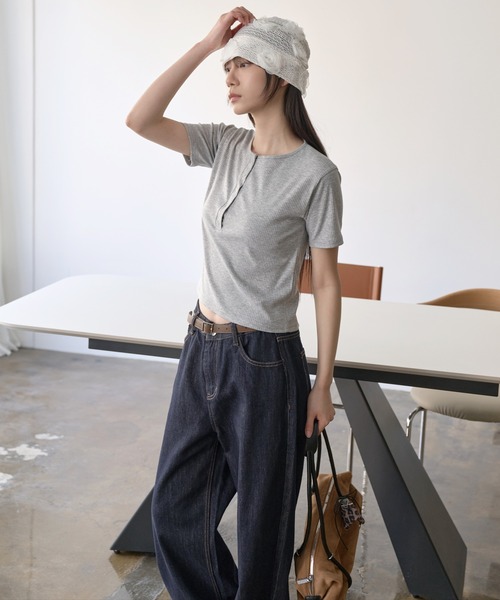スナップ ヘンリーネック Tシャツ 半袖 ルーズ 韓国 2色 hr9732 Tシャツ シンプル ヘンリーネック メンズ 韓国 半袖 カジュアル
