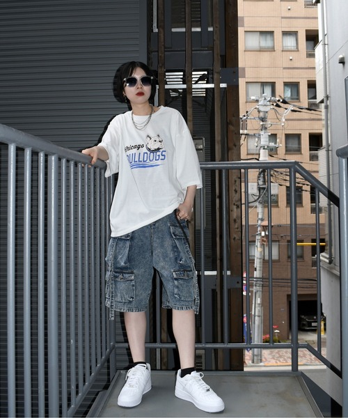 虎*e様 【GETUSED】オーバーオール デニム ハーフパンツ丈 デッドストッ ストレッチデニム カーゴクロップドパンツ ハーフパンツ 作業服