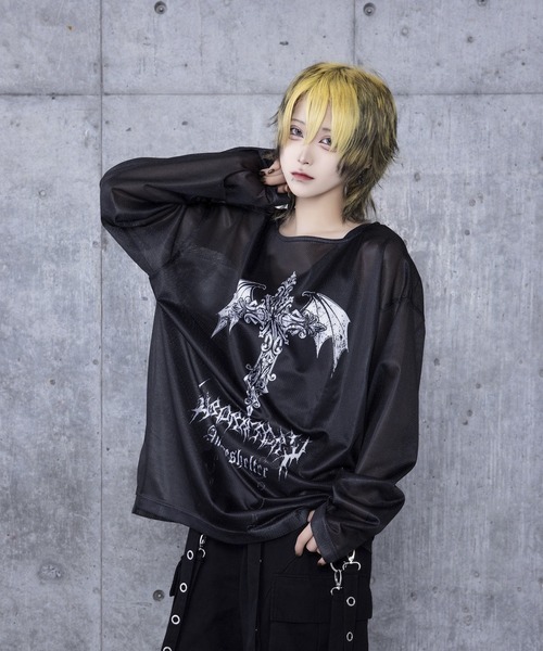 Amilige tシャツ コウモリクロスプリントメッシュロンT