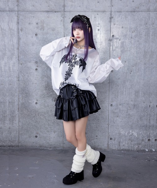 Amilige tシャツ コウモリクロスプリントメッシュロンT