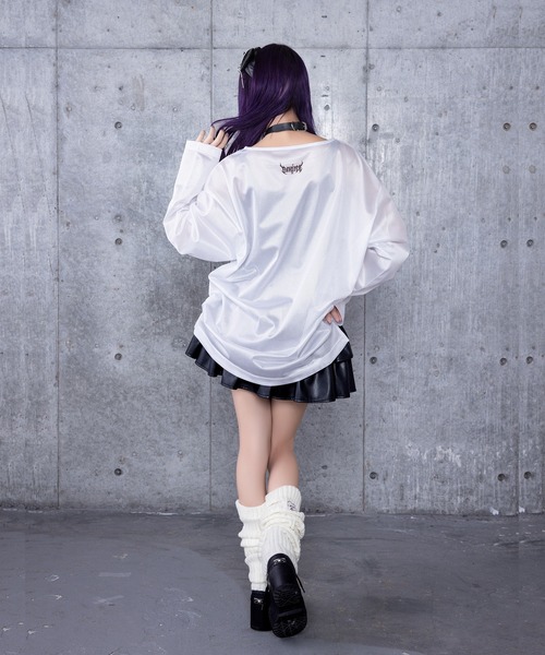 Amilige tシャツ コウモリクロスプリントメッシュロンT