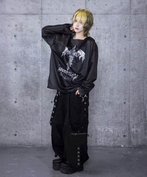 Amilige tシャツ コウモリクロスプリントメッシュロンT