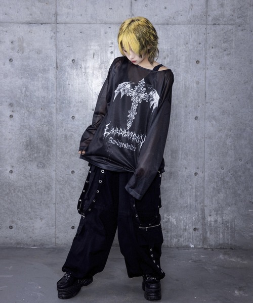 Amilige tシャツ コウモリクロスプリントメッシュロンT