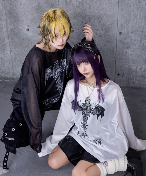 Amilige tシャツ コウモリクロスプリントメッシュロンT