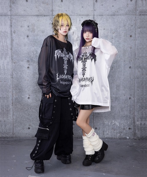 Amilige クロスロゴロングTシャツ DARKNESSクロスプリントロングTシャツ（Tシャツ/カットソー