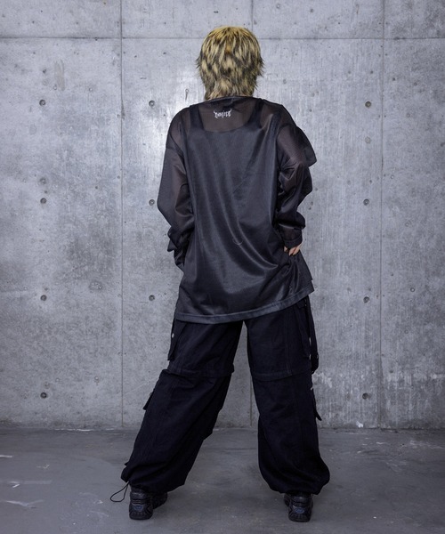 Amilige tシャツ コウモリクロスプリントメッシュロンT