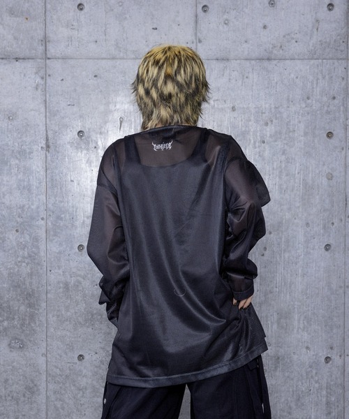 Amilige tシャツ コウモリクロスプリントメッシュロンT