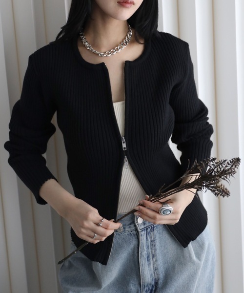 YENNA カーディガン リブニットZIPカーディガン フィンガーホール付