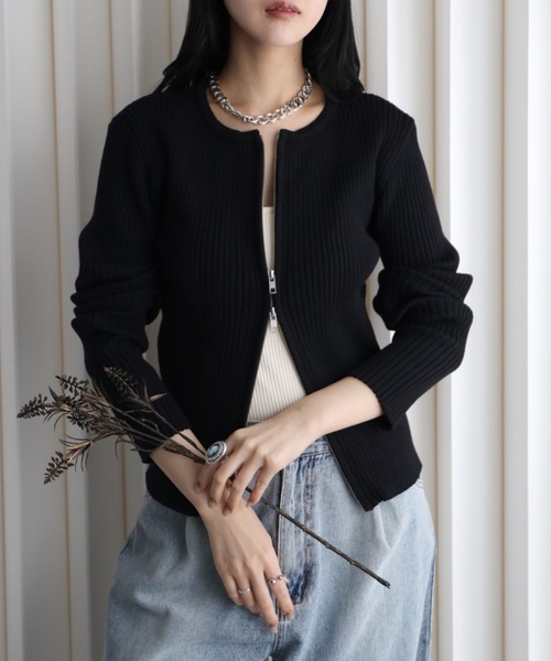 YONFA ヨンファ リブニット カーディガン ショールカラー ビッグボタン 黒 YENNA カーディガン リブニットZIPカーディガン フィンガーホール付