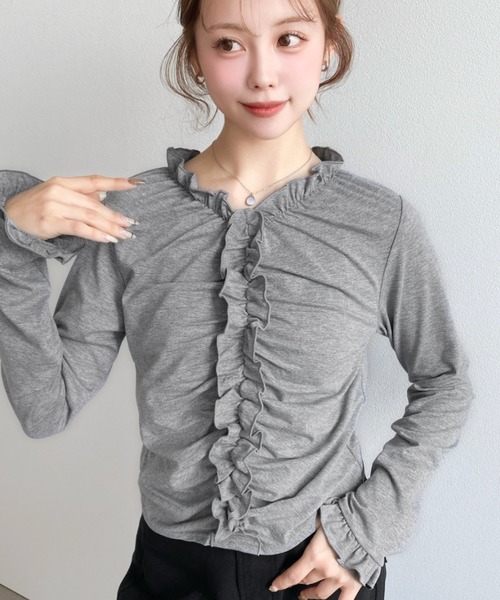 moment+ tシャツ Vネックギャザーフリル長袖カットソー レディース
