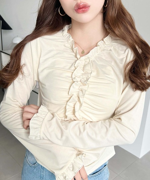 美品 yori ティアード ギャザー カットソー ロンT フリル グレー F