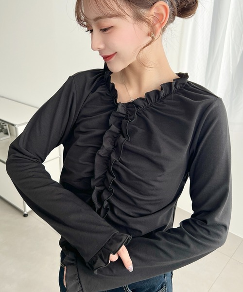 moment+ tシャツ Vネックギャザーフリル長袖カットソー レディース