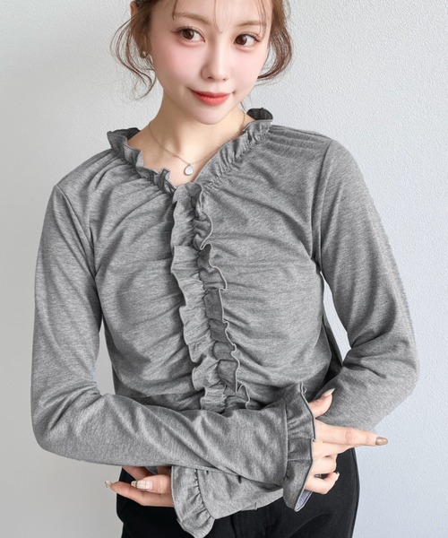 moment+ tシャツ Vネックギャザーフリル長袖カットソー レディース