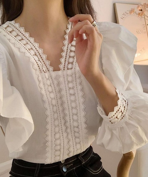 SEU ブラウス シャツ フリル刺繍レースVネックブラウス レースブラウス