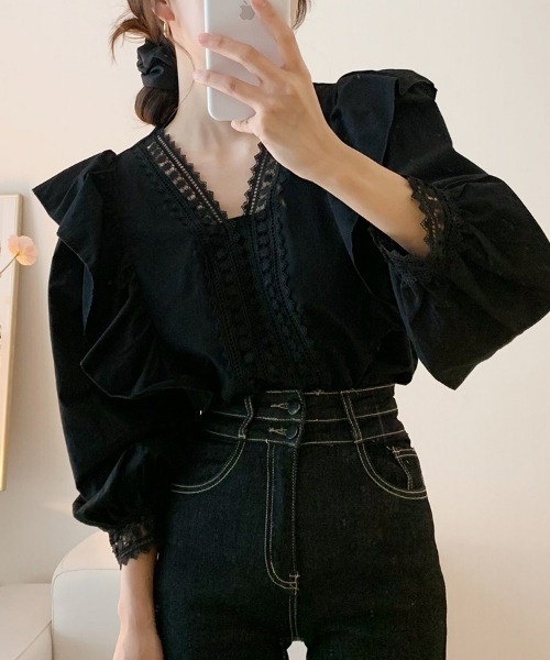 SEU ブラウス シャツ フリル刺繍レースVネックブラウス レースブラウス