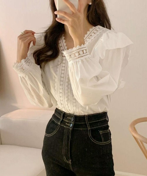 SEU ブラウス シャツ フリル刺繍レースVネックブラウス レースブラウス