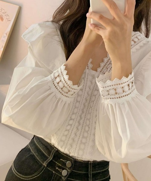 SEU ブラウス シャツ フリル刺繍レースVネックブラウス レースブラウス