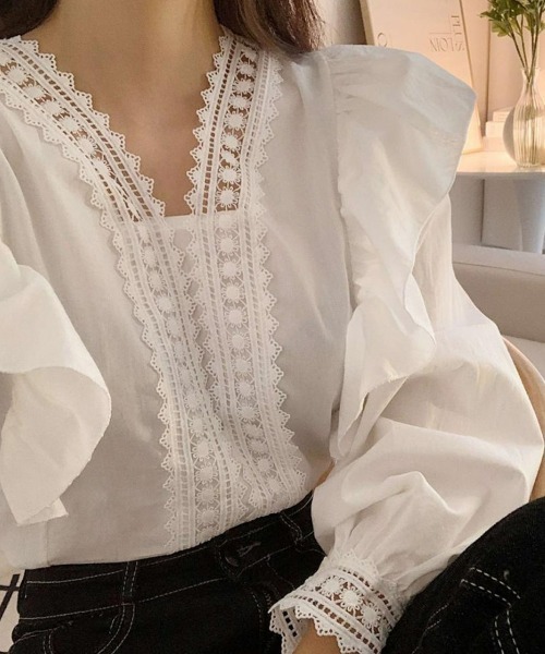 SEU ブラウス シャツ フリル刺繍レースVネックブラウス レースブラウス