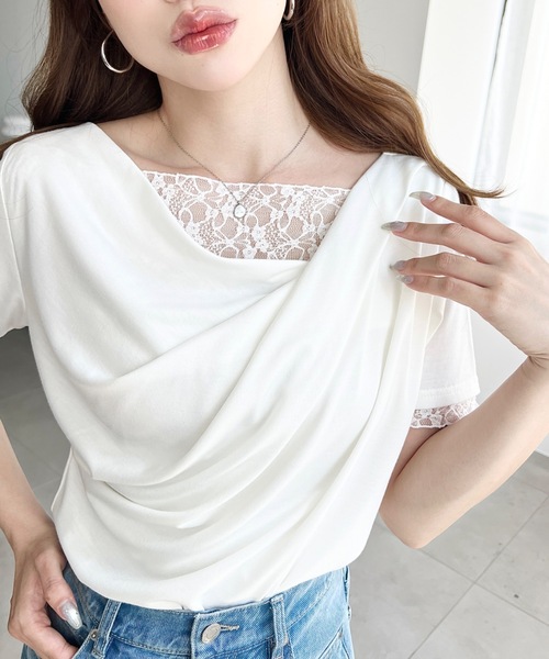 moment+ tシャツ 半袖 レースドッキングドレープ半袖Tシャツ