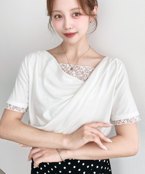 moment+ tシャツ 半袖 レースドッキングドレープ半袖Tシャツ