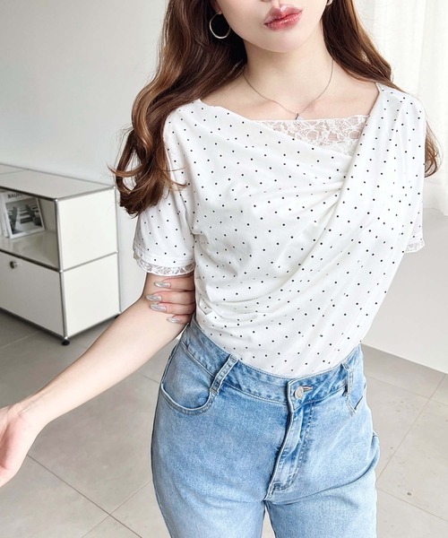 moment+ tシャツ 半袖 レースドッキングドレープ半袖Tシャツ