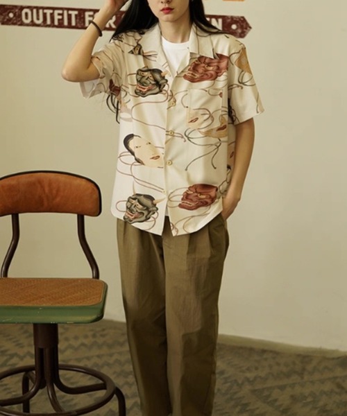 tシャツ ヴィンテージライク 和柄ジャパニーズマスクプリント オープンカラーシャツ メンズの画像